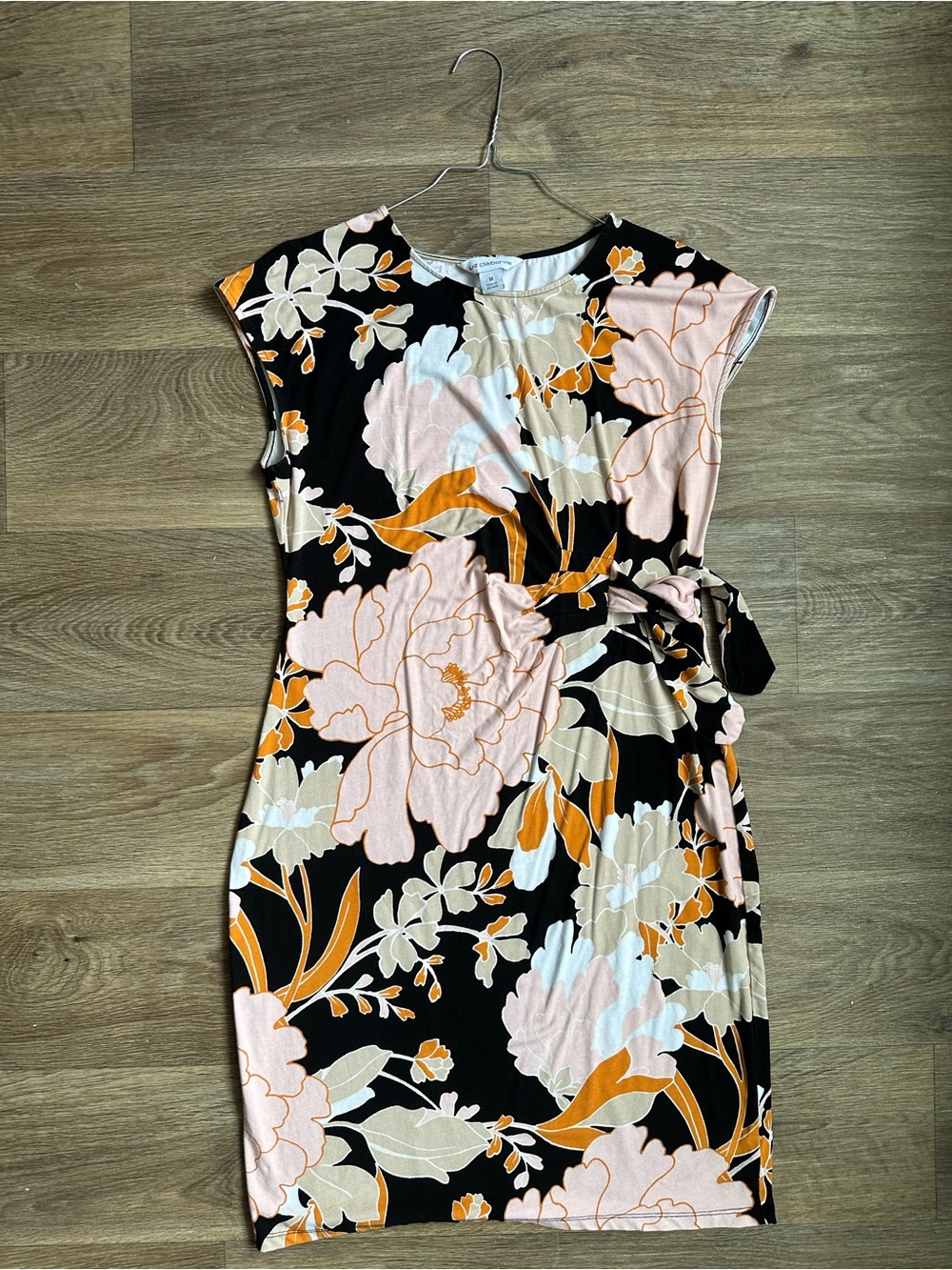Liz Claiborne Black Peace Floral Cap Sleeve Knee Length Dress Size M Side Tie